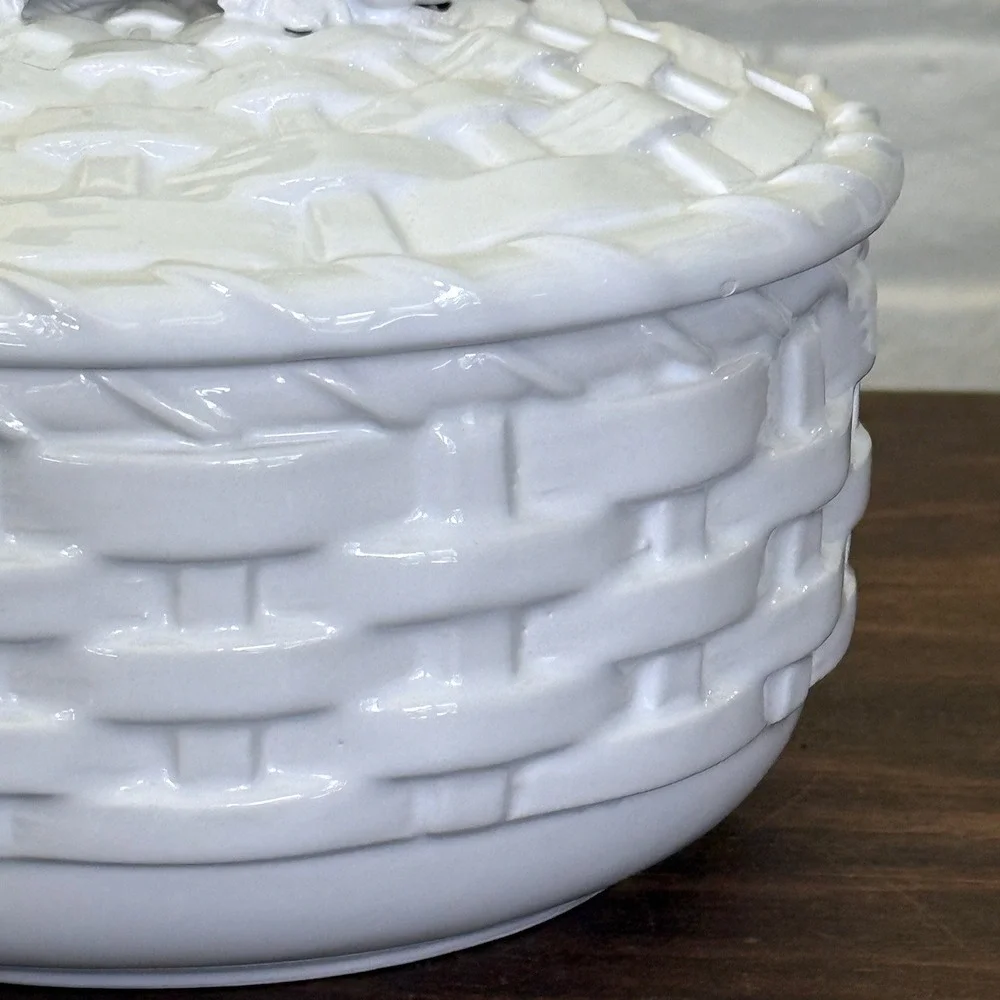 Vintage Italian White Ceramic Basketweave Lidded Dish Grape Motif Made in Italy